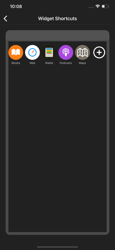 Shortcuts (Quick Open) - iBooks、Web、Wallet、Podcasts、Mapsのアイコンが表示されているウィジェットショートカットを設定するためのインターフェース。