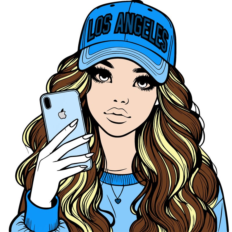 realistic beautiful girl wearing los ángeles cap holding an iphone