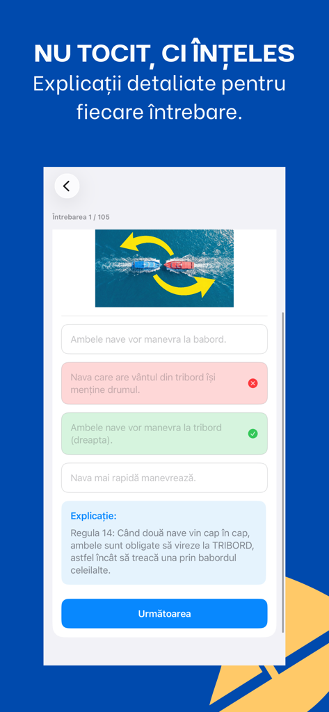 Skipper Pro: Examen Barcă ANR - Interface do aplicativo Skipper Pro mostrando uma pergunta de exame náutico e explicação lógica detalhada