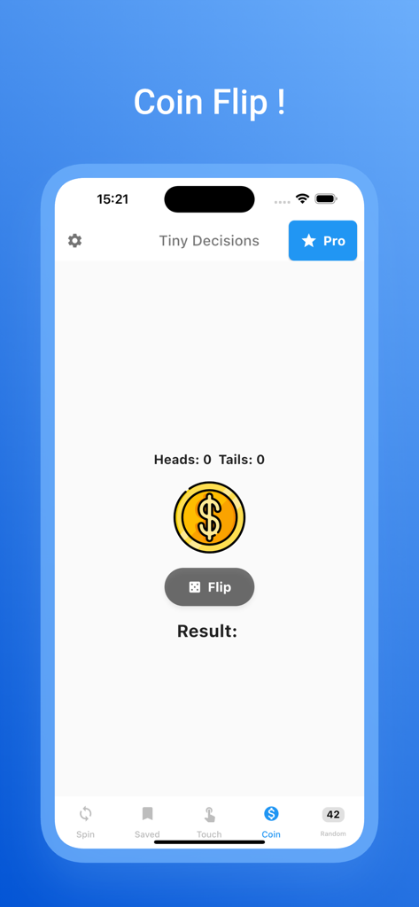 Picker Wheel - Spin Decisions - A mobile app screen showing a coin flip feature for quick decision making with heads and tails tracking.