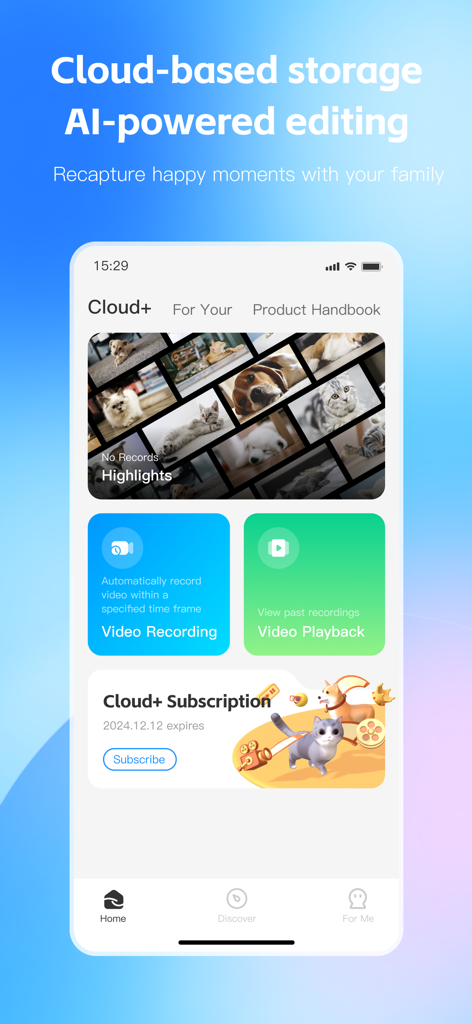 ROLA - Smart Robot - Interface de l'application ROLA affichant les fonctionnalités de stockage cloud et une galerie de vidéos des moments forts des animaux.