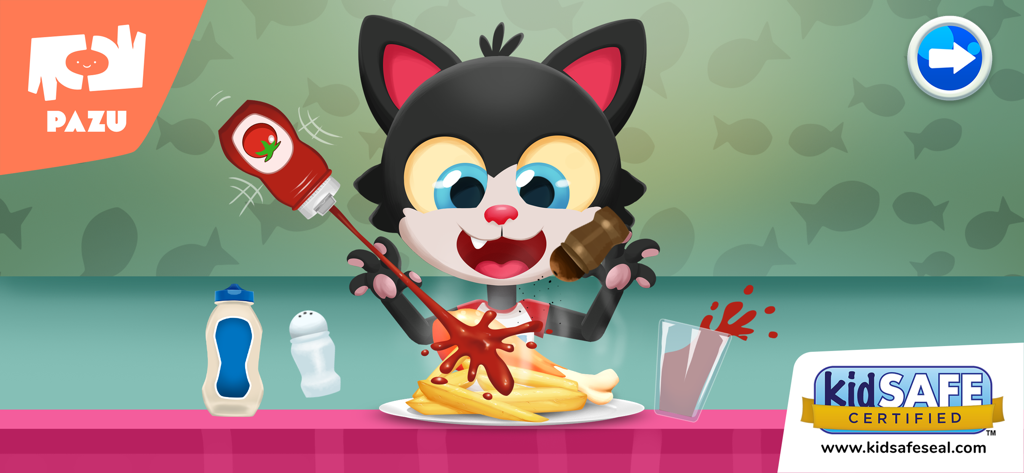 Paw Kitchen Kids Cooking Games - A cartoon cat character being fed french fries in the Paw Kitchen kids game