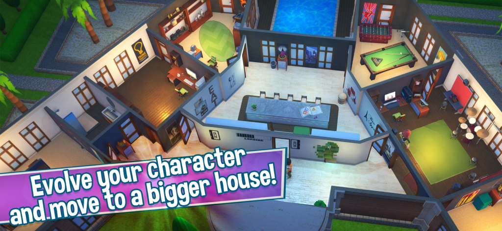 Una vista isometrica dall'alto di una grande casa lussuosa con piscina e studio di registrazione in Youtubers Life