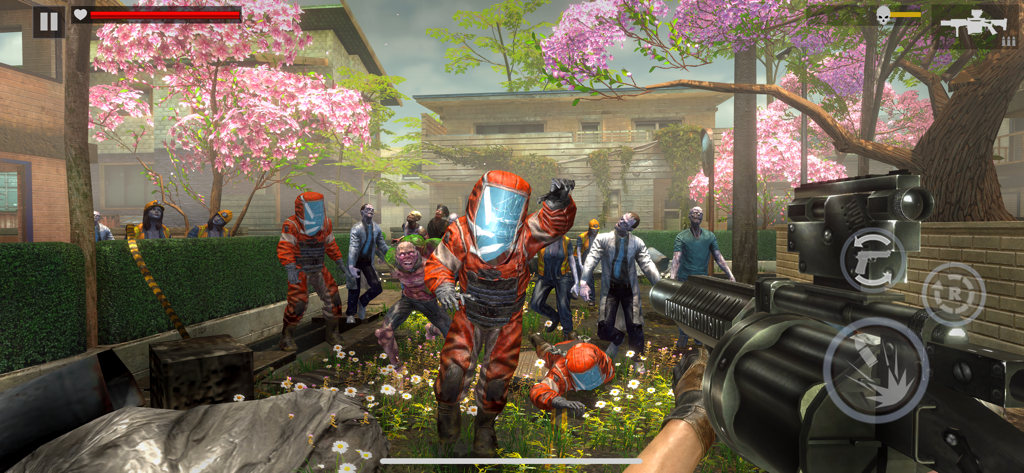 Zombie Fire 3D: Offline Game - First-person perspective of shooting a zombie horde in a 3D residential environment