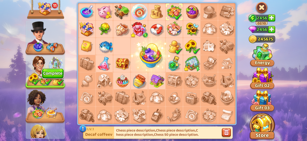 Tuscany Garden-Farm&Adventure - Tuscany Garden merge puzzle screen with colorful items and character requests