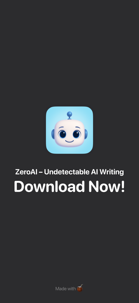 ZeroAI app interface showing a robot icon and undetectable AI writing text