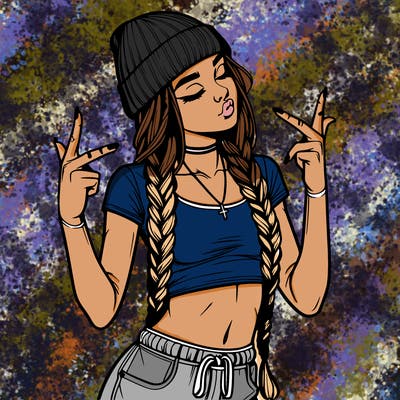 realistic teenage girl with braids and a beanie and crop top doing 🫶🏼