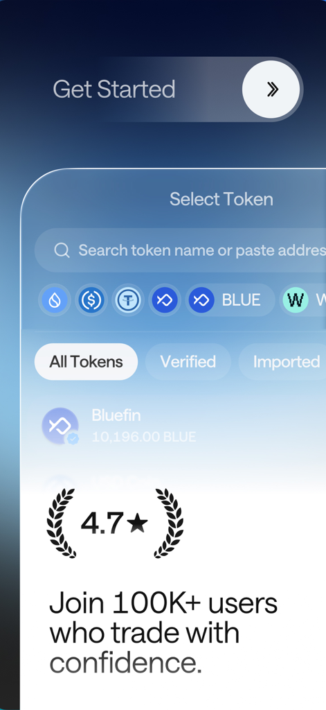 Vera - The Sui Super Wallet - Vera Sui Super Wallet interface showing token selection screen and a 4.7 star rating with over 100k users