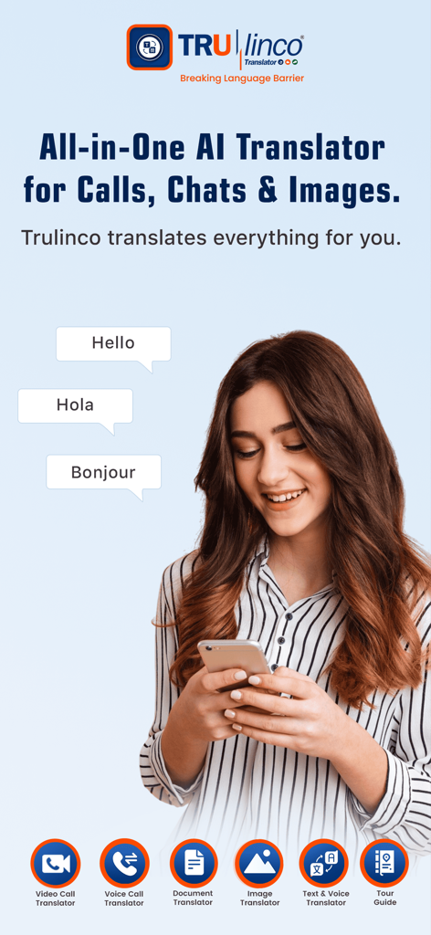 Trulinco: AI Voice Translator - A woman using the Trulinco app which provides AI translation for calls chats and images