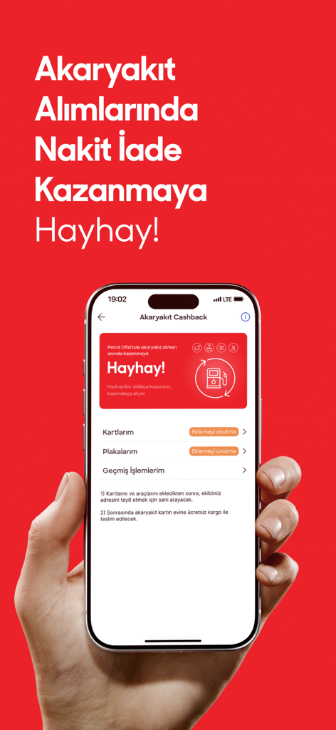 Hayhay Cüzdan & Fatura Ödeme - Smartphone displaying fuel cashback rewards feature in the Hayhay mobile wallet app