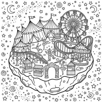 Blast off to a world where cosmic wonders meet carnival thrills with this unique Vesta Asteroid Carnival coloring page. Imagine vibrant hues filling circus tents, thrilling rides, and playful performers set against a starry backdrop.