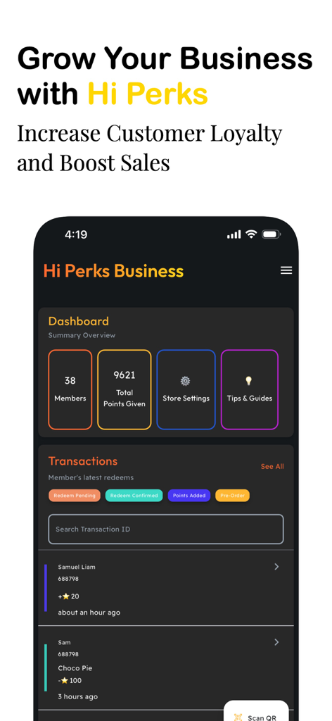 A mobile screen showing the Hi Perks Business dashboard with statistics on members and total points given alongside a recent transactions list.