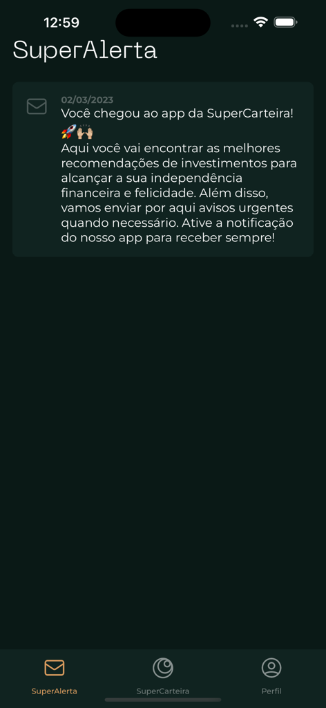 SuperCarteira - Aplicativo móvel SuperCarteira mostrando a tela de alertas de investimento