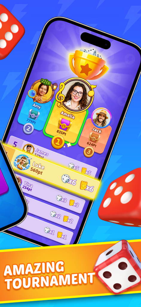 Yatzy Blitz: Classic Dice Game - Yatzy Blitz tournament leaderboard screen showing player rankings and reward points.