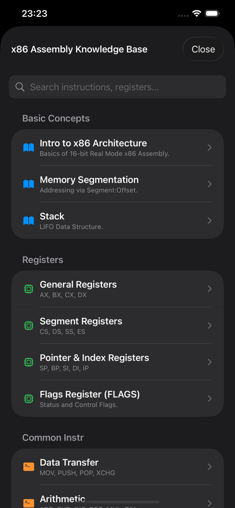 ASM 8086 Emulator & Compiler - Schermata della knowledge base educativa nell'app emulatore ASM 8086 che mostra concetti di linguaggio assembly e informazioni sui registri.