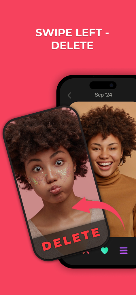 iPhone app screen showing a user swiping left to delete a photo from their camera roll