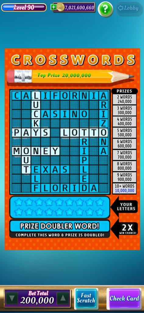 Scratch Off Lottery Casino - Ticket de loterie numérique à gratter de mots croisés montrant des mots comme Californie, Casino et Texas avec un tableau des prix sur le côté.