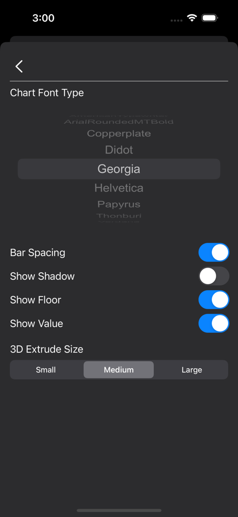 Tela de configurações para escolher tipos de fonte do gráfico e ajustar opções de tamanho de extrusão 3D