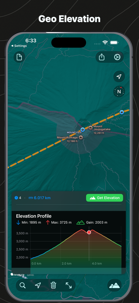 Geo Elevation: Path Analyzer - Interface showing a map of Mount Fuji and a corresponding elevation profile chart