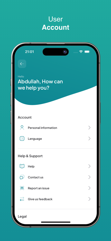 JESR | جسر - JESR-App-Benutzerkontobildschirm mit Profileinstellungen und Support-Optionen