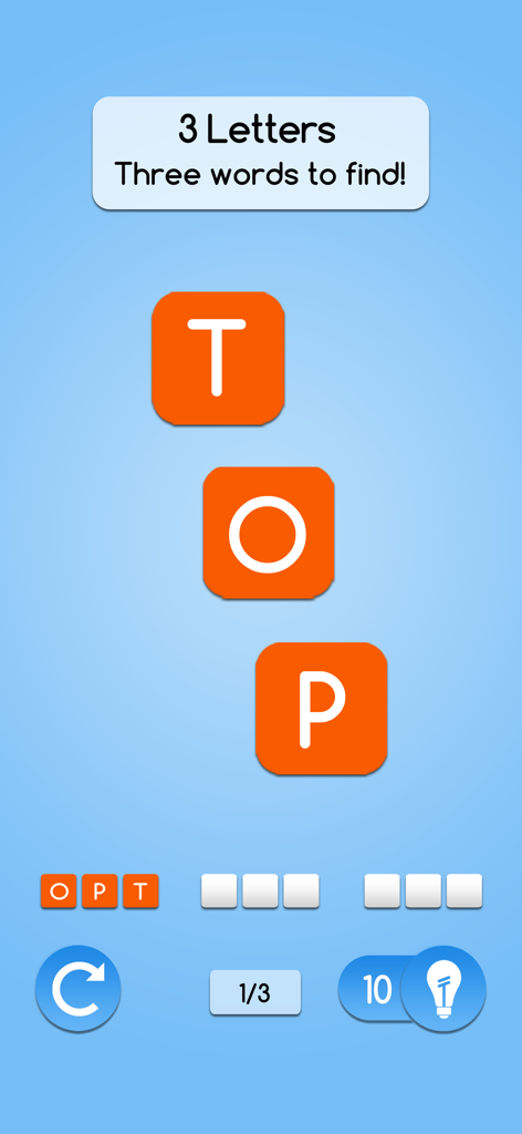 AnagrApp - Fun Word Game - AnagrApp gameplay screen showing a three letter anagram puzzle with the letters T O and P