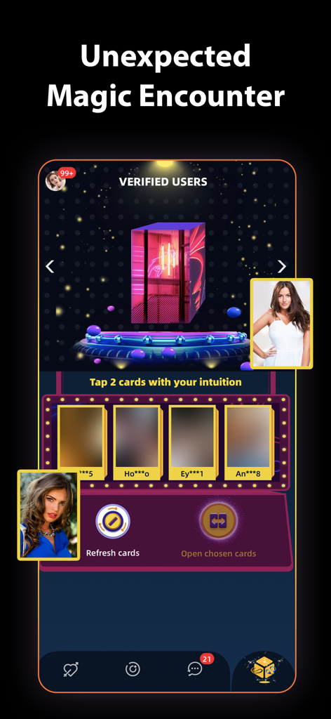 KinkD dating app Magic Encounter feature screen with gamified card discovery interface