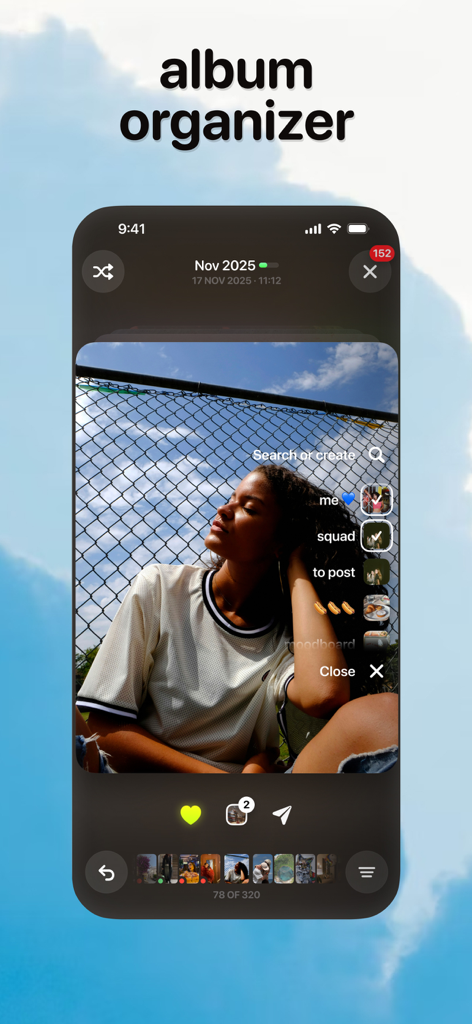 Photo Organizer: Picnic - Picnic app interface showing photo organization into custom albums like squad and moodboard