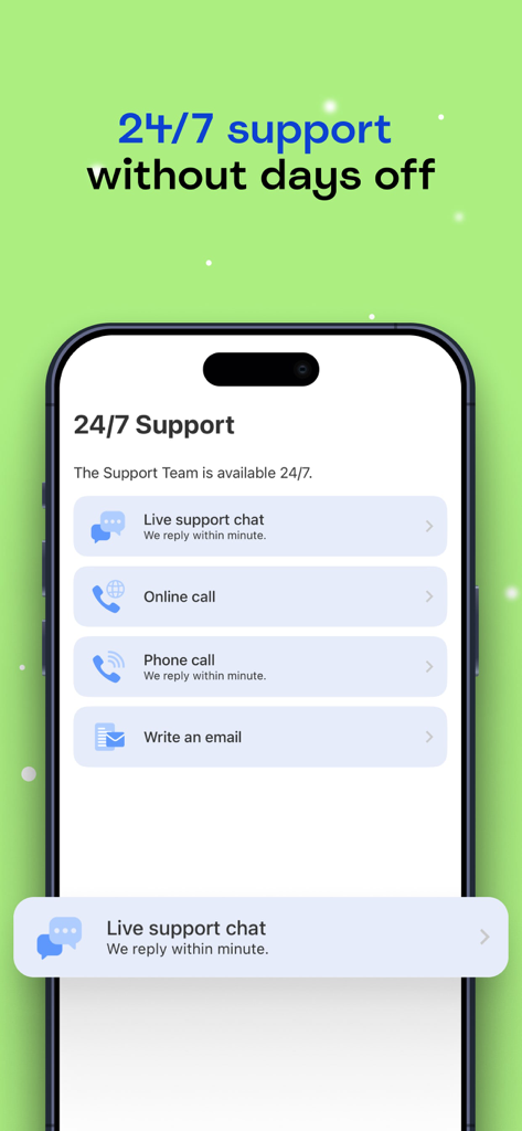 Ostrovok mobile App-Bildschirm mit 24/7 Kundensupport-Optionen, einschließlich Live-Chat, Telefonanruf und E-Mail