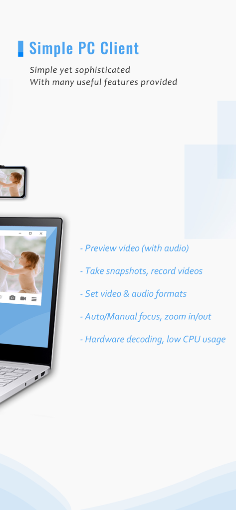 iVCam Webcam - ノートPCの画面にウェブカメラ機能を表示しているiVCam PCクライアント