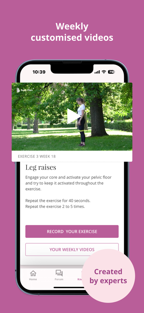 Baby Mam Pregnancy Tracker - Smartphone screen showing a prenatal leg raise workout video with instructions in the Baby Mam Pregnancy Tracker app