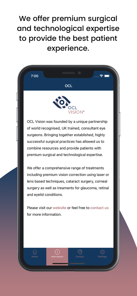 The information screen of the dropAdrop app showcasing OCL Vision surgical services and expertise.