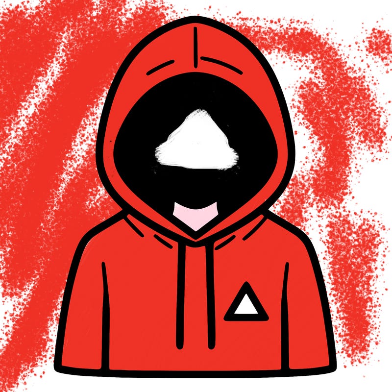 a person with non face waering a hoodie with a small triangle symbol