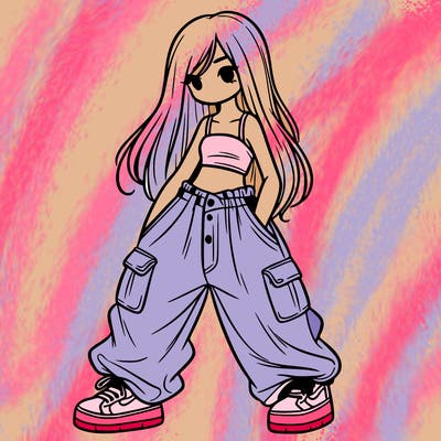 girl in baggy pants, crop top, and long hair