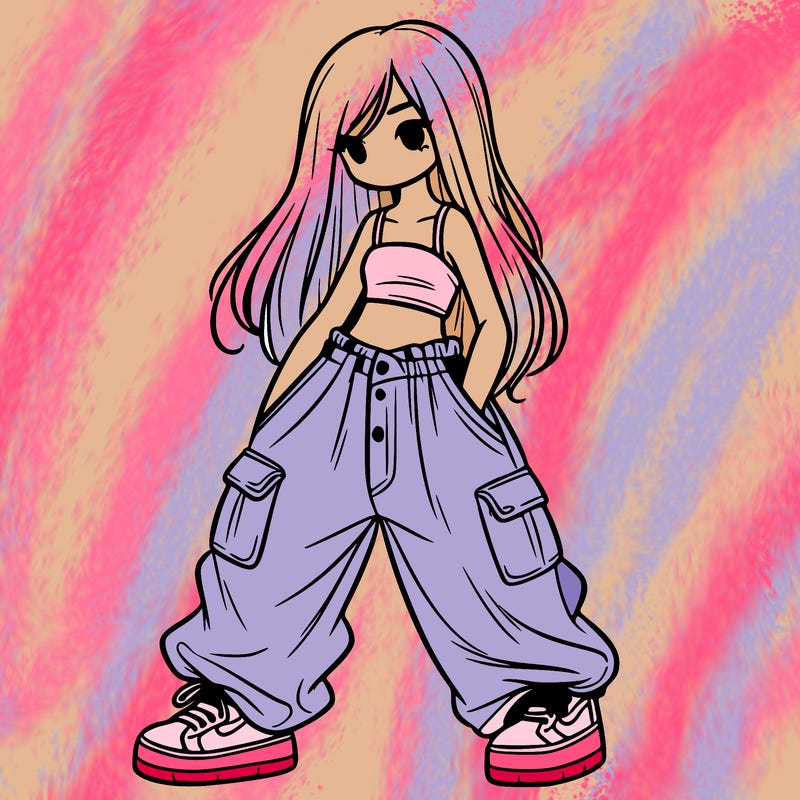 girl in baggy pants, crop top, and long hair
