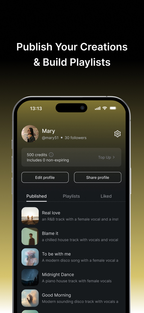 Pantalla de perfil de usuario en la aplicación MusicGPT que muestra canciones publicadas por IA y gestión de listas de reproducción