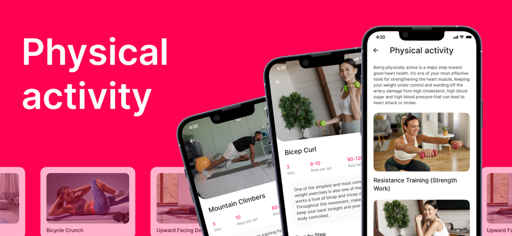 heart rate aрp - Schermate dell'app battito cardiaco che mostrano guide all'attività fisica per esercizi come mountain climbers e bicep curls