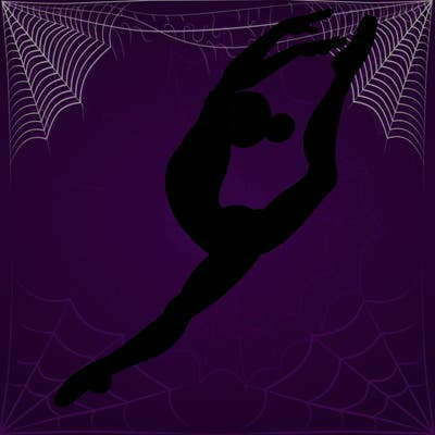 gymnast doing a leap in a leotard with a bent back leg