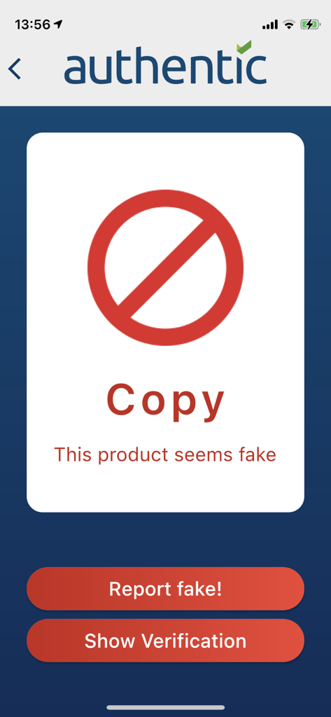 authentic.app - 빨간색 경고 기호와 '이 제품은 가짜인 것 같습니다'라는 메시지가 표시된 authentic.app의 스캔 결과