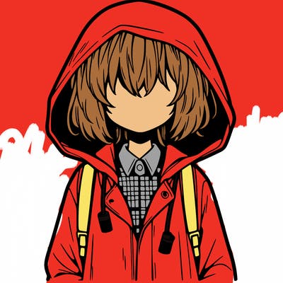 little anime girl in a raincoat her hair is covering her eyes she has a lighter