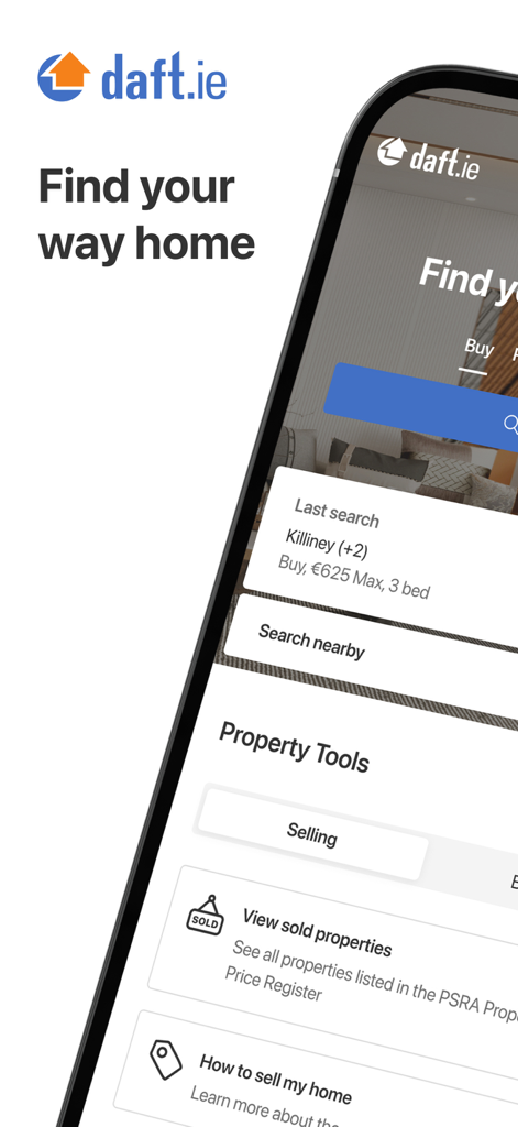 Pantalla de inicio de la app Daft.ie con opciones de búsqueda y herramientas de propiedad en un smartphone