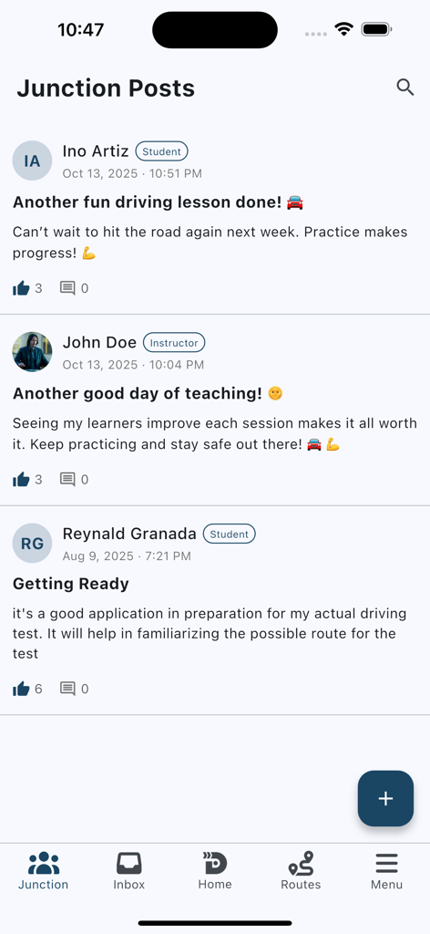 DriveSphere - Social feed of driving students and instructors on the DriveSphere app junction screen