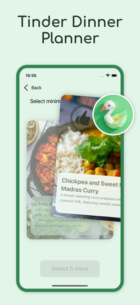 AI Meal planner: Easy Recipes - AI Meal Planner app interface showing a tinder-style swipe feature to select dinner recipes