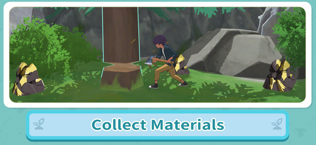 MORIKOMORI LIFE - Un personaje cortando leña con un hacha para recolectar materiales en un bosque