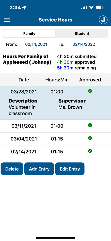 Gradelink app service hours screen showing student volunteer activity and approval status