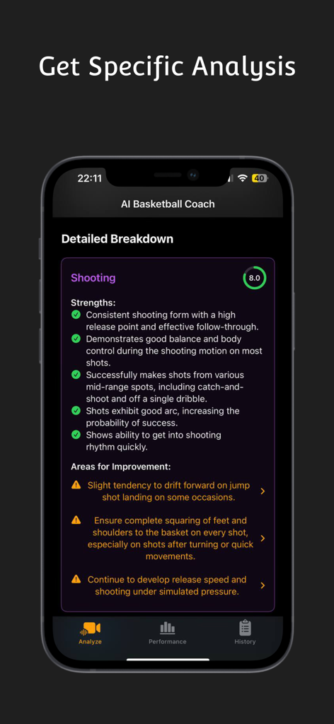 Hooper AI: Basketball Coach - Hooper AI App-Oberfläche, die eine detaillierte Aufschlüsselung der Basketball-Wurfleistung mit Stärken und Verbesserungspotenzialen zeigt