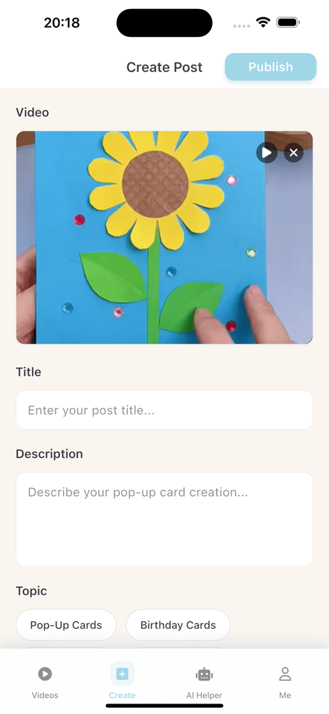 Popi - Video & Connect - Interface of the Popi app showing the Create Post screen with a DIY sunflower pop-up card video