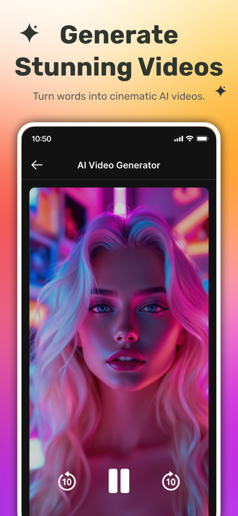 50+ AI Design Tools: MagicShot - Oberfläche der MagicShot-App, die ein kinoreifes KI-generiertes Video einer Frau mit lebendiger Neonbeleuchtung zeigt.