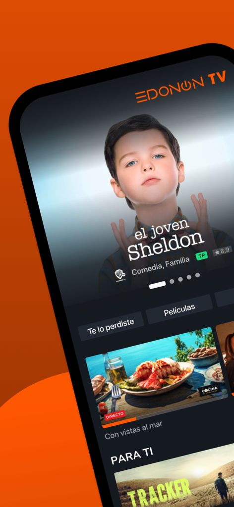 EDONON TV Euskaltel 앱의 인터페이스, 추천 쇼와 영화와 같은 콘텐츠 카테고리 표시