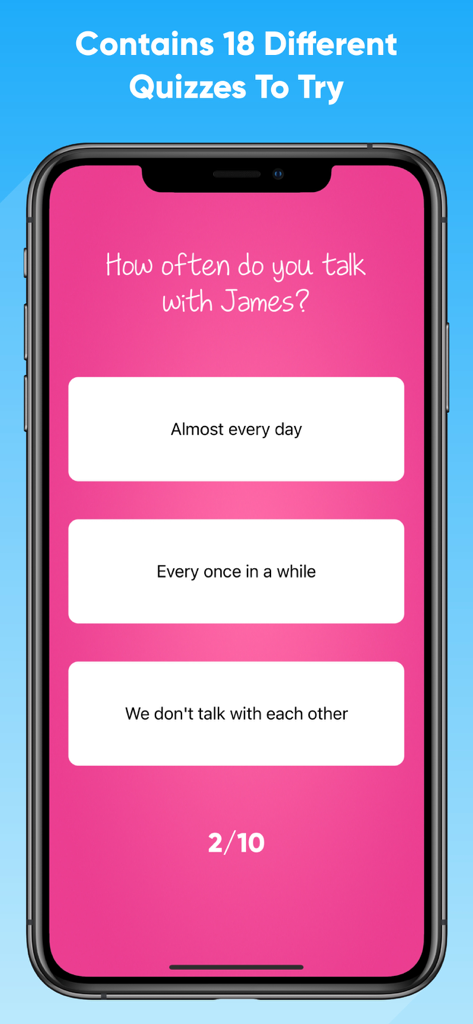 How Much Does My Crush Like Me - Smartphone-Bildschirm mit einer Frage zum Schwarm-Kompatibilitäts-Quiz mit Multiple-Choice-Antworten auf rosa Hintergrund.
