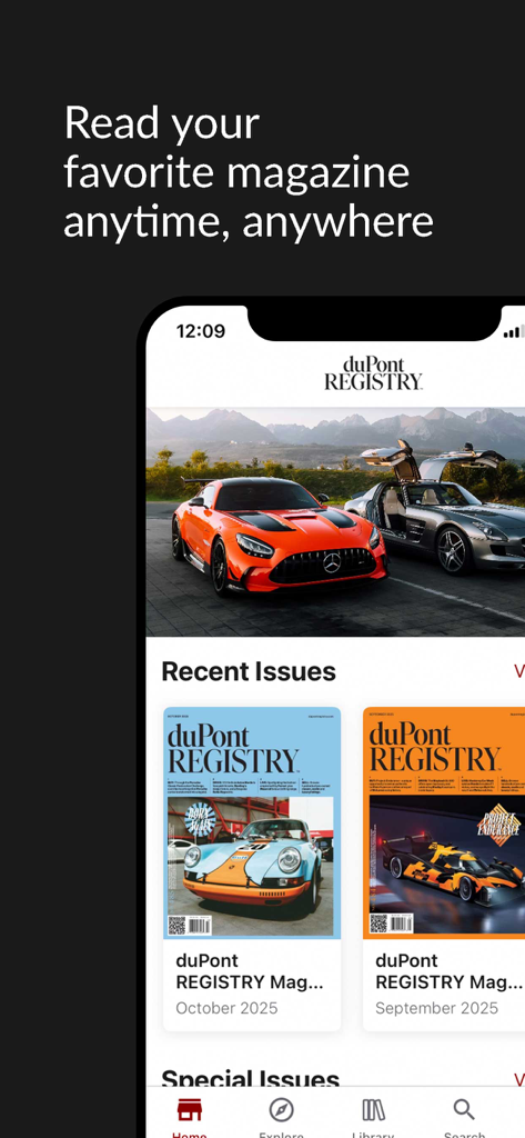 Smartphone interface of the duPont REGISTRY Magazine app displaying luxury car covers and recent digital issues.